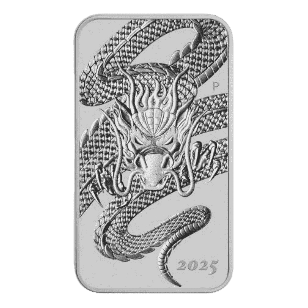 Moneda RECTANGULAR de PLATA pura 1 onza DRAGÓN de Australia 2025