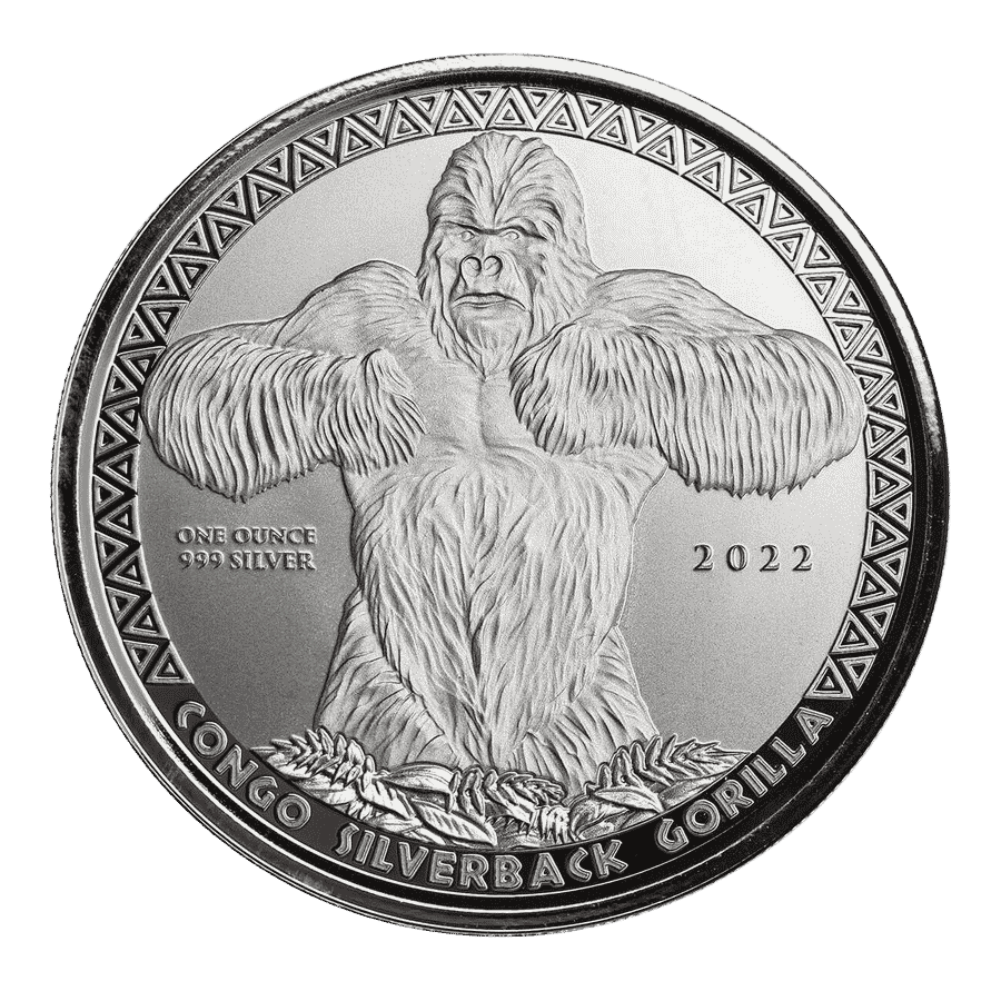 Moneda de PLATA pura 1 onza GORILA espalda plateada 2022